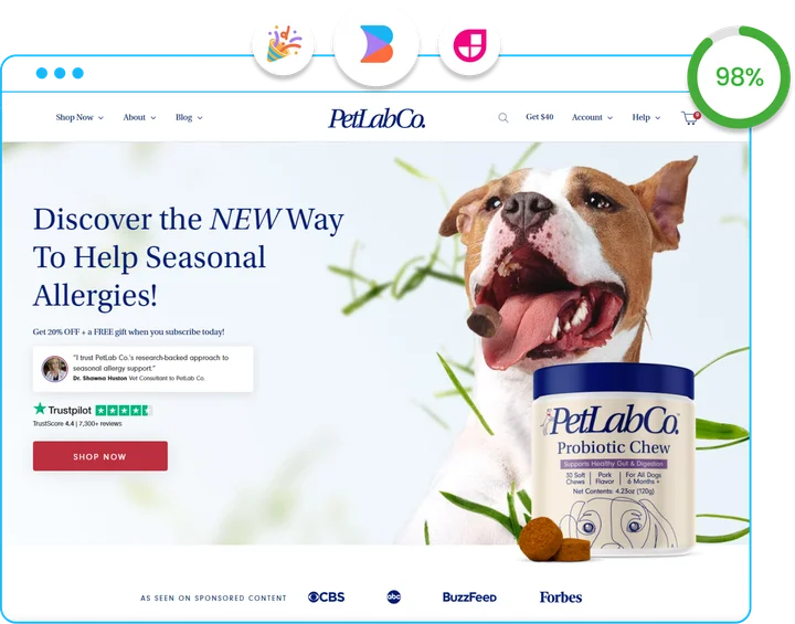 PetLab Co. homepage with a 98% performance score indicator