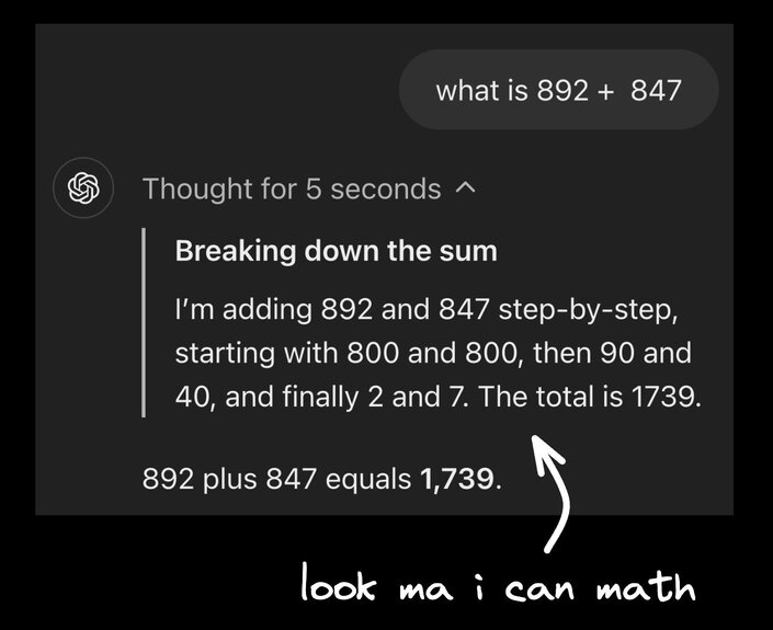 o1 breaking down a math problem into steps to correctly solve for 892 + 847, which equals 1739