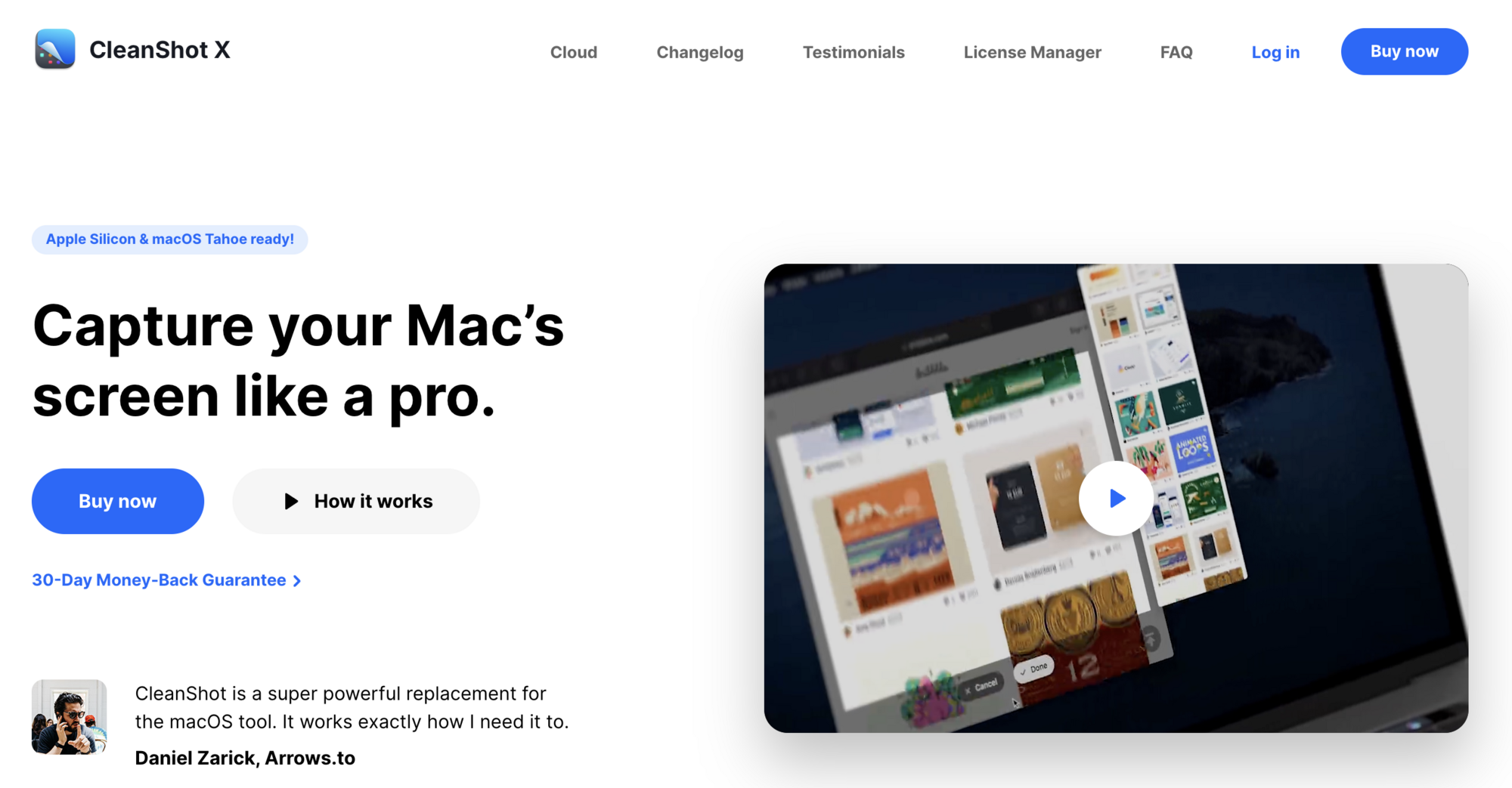 The CleanShot X website landing page features the app's logo, a main headline about professional Mac screen recording, a download button, and a promotional video showing the software's screen capture and annotation interface.