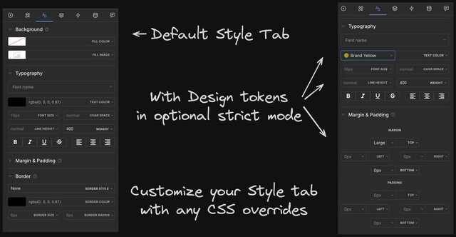 Image of a default style tab as it is in Builder usually and a customized style tab with design tokens showing in the visual editor. One note points out in the default style tab while another points out where the design tokens are showing up. There's also a note that says, customize your style tab with any CSS overrides.