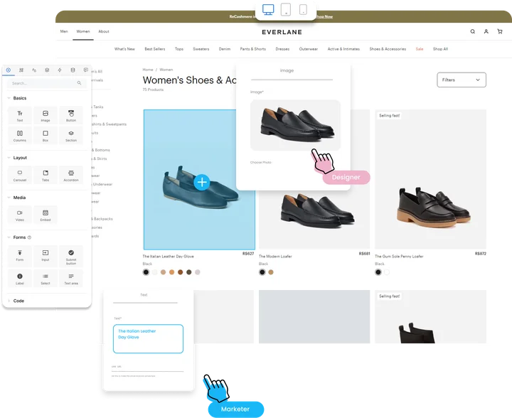 Designer and marketer collaborating on Everlane's women's shoes page in the Builder.io visual editor