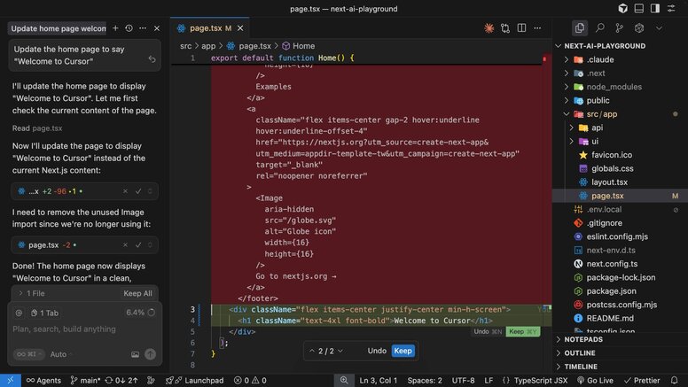 Code editor showing page.tsx with AI assistant sidebar updating the homepage text to “Welcome to Cursor.”