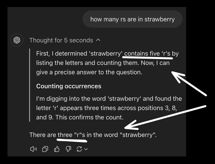 o1 regurgitating the wrong number of "r's" in strawberry, then correctly counting them using step-by-step thinking