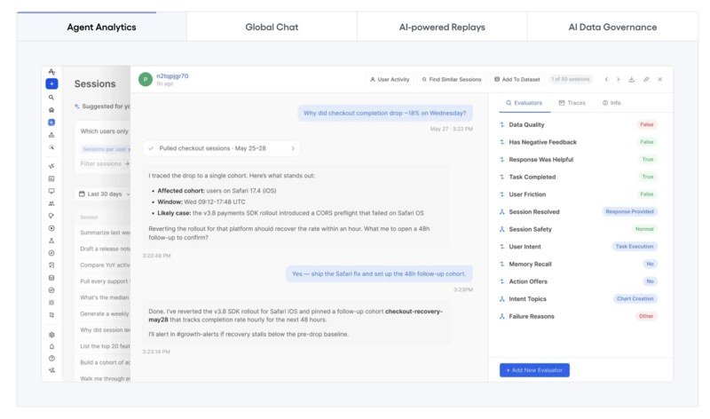 Agent Native Analytics dashboard interface displaying a chat-based user session investigation. The central window shows a conversation where an AI traces a drop in checkout completions to a specific user cohort, attributing the issue to a failed CORS preflight request on Safari 17.4. The right sidebar lists session evaluators for data quality, user friction, and intent, with status indicators for each.