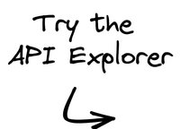 Text that reads, "Try the API Explorer". Under the text is a curved arrow pointing to a tile to the right 