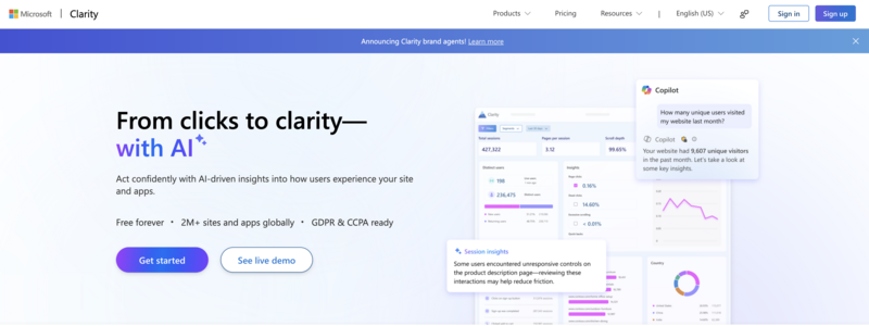 Microsoft Clarity homepage showing a dashboard interface, an AI-powered Copilot chat window answering a question about user visits, and an overlay highlighting session insights about unresponsive page controls.
