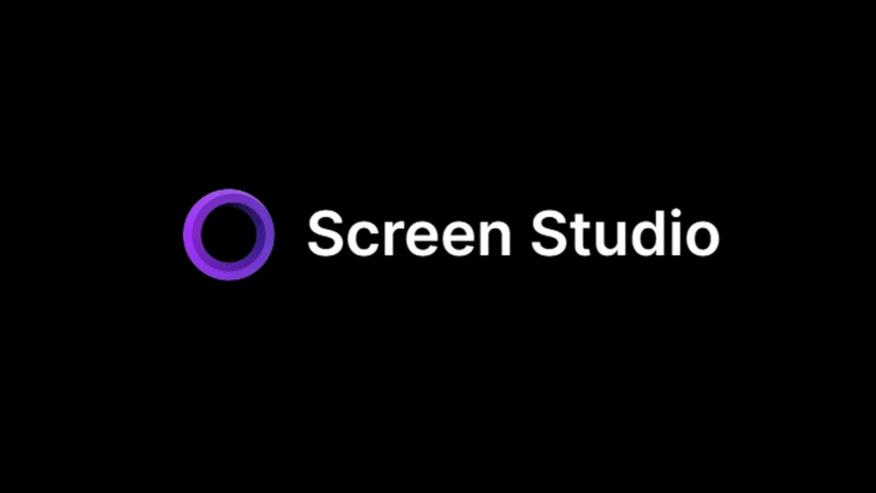 Screen Studio logo featuring a purple circular gradient icon next to the text "Screen Studio" in a white, sans-serif font on a black background.