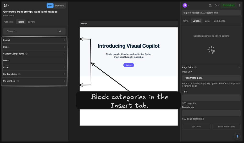 Screenshot of the Visual Editor with the Insert tab open. Arrows point to the categories in the Insert tab—Import, Basic, Custom Components, Media, Code, My Templates, and My Symbols. A placard at the bottom reads "Block categories in the Insert tab."
