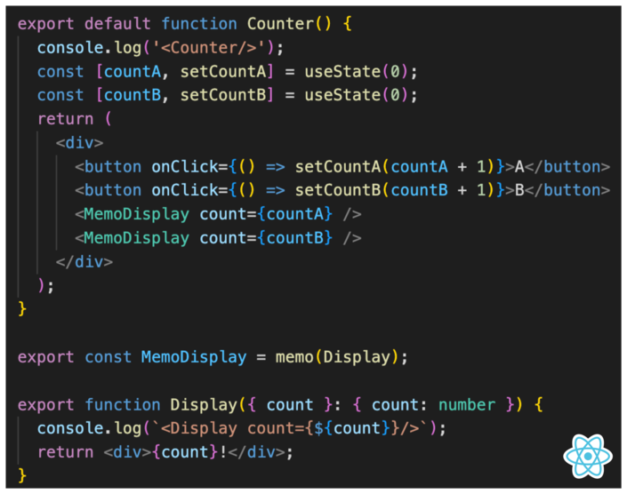 Screenshot of a code example of a counter component with a child Display component with the memo function wrapping it in React.