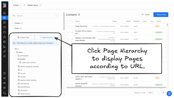 Image of Builder UI with Page Hierarchy selected which means that the pages display according to their URL. There's a note with an arrow pointing to the Page Hierarchy tab that says, "Click Page Hierarchy to display Pages according to URL."