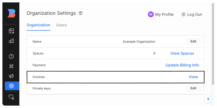 Screenshot of Organization Account Settings with the Invoices area encircled with an arrow pointing at "View".