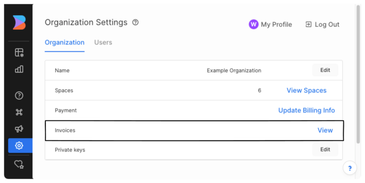 Screenshot of Organization Account Settings with the Invoices area encircled with an arrow pointing at "View".