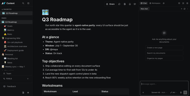 Agent-Native Content workspace with a document and agent chat