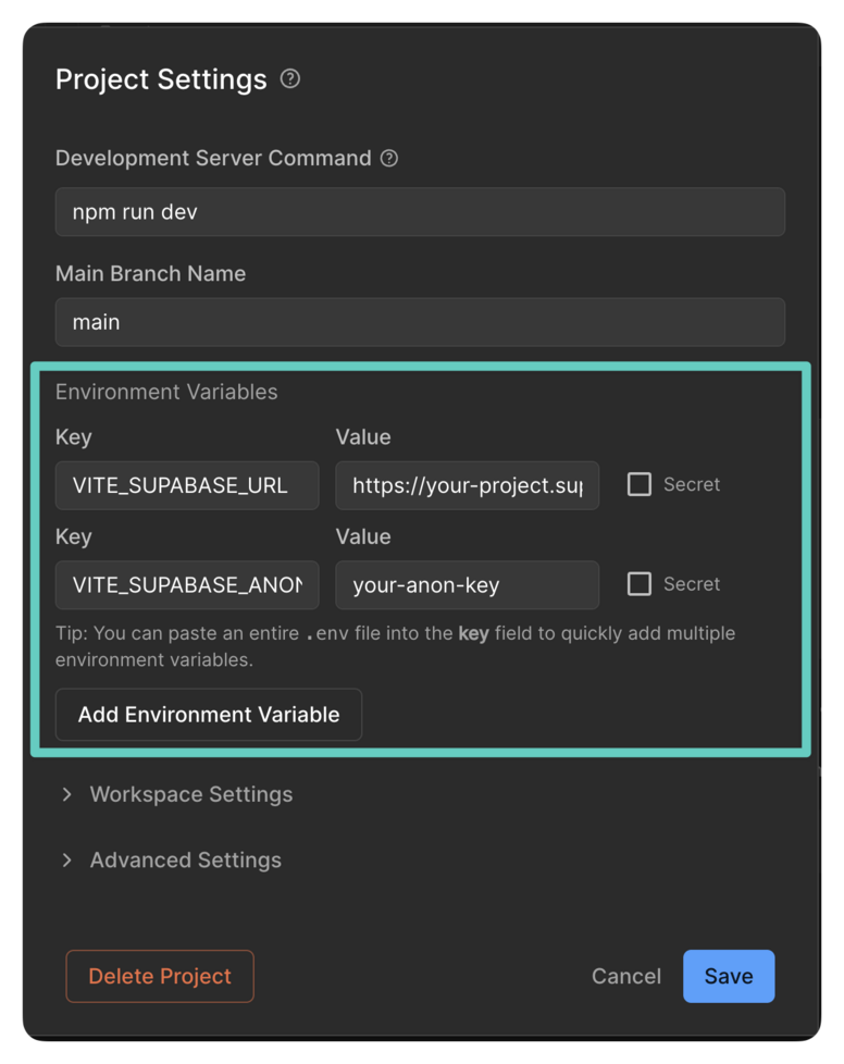 Screenshot of the Fusion Project Settings screen, highlighting how to add Supabase environment variables, such as the project URL and anon API key, to enable secure backend connections for Fusion applications.