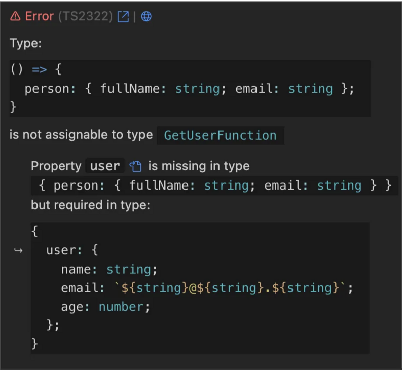 A VS Code window showing the Pretty TypeScript Errors extension reformatting compiler diagnostics into readable code frames, highlighting the exact source of each error.