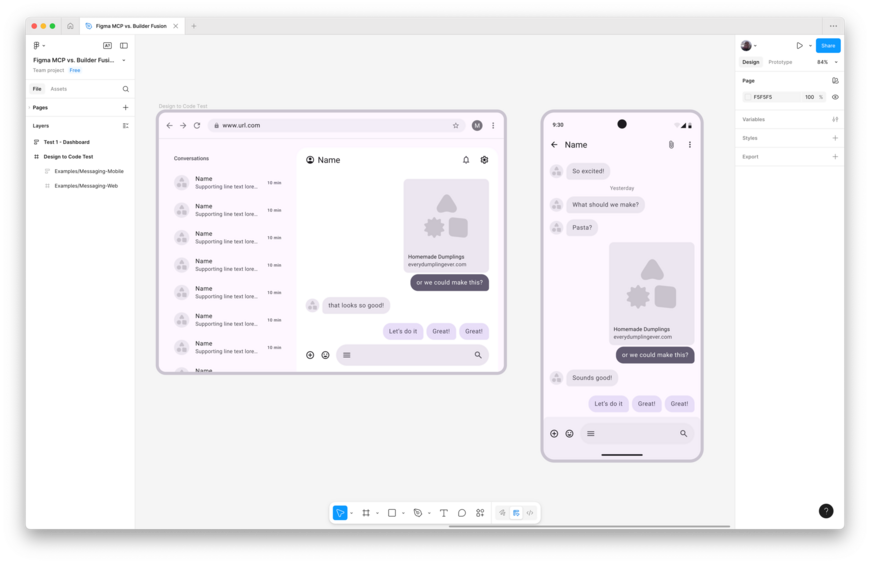Screenshot of a design in Figma for a chat application. The mockups show both web/tablet and mobile layouts of a conversation where users discuss making "Homemade Dumplings." The interface includes user messages, an image placeholder, and quick reply buttons.