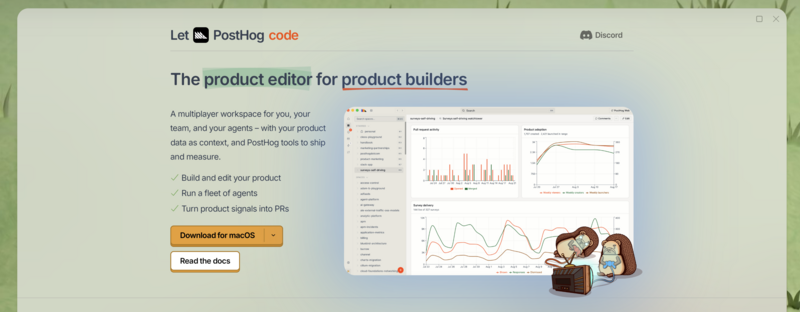 PostHog desktop application interface displaying a workspace with a sidebar of project folders and a main dashboard featuring "Pull request activity" and "Survey delivery" charts, accompanied by a cartoon hedgehog character using a computer.