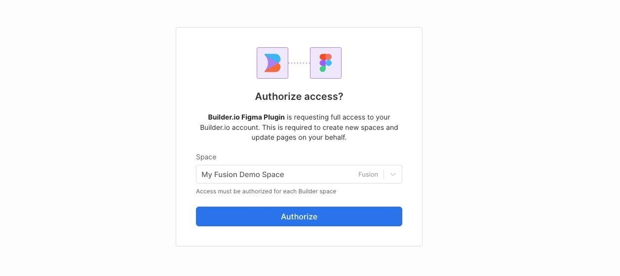 Builder Figma plugin authentication portal, which requires the selection of a Fusion space.