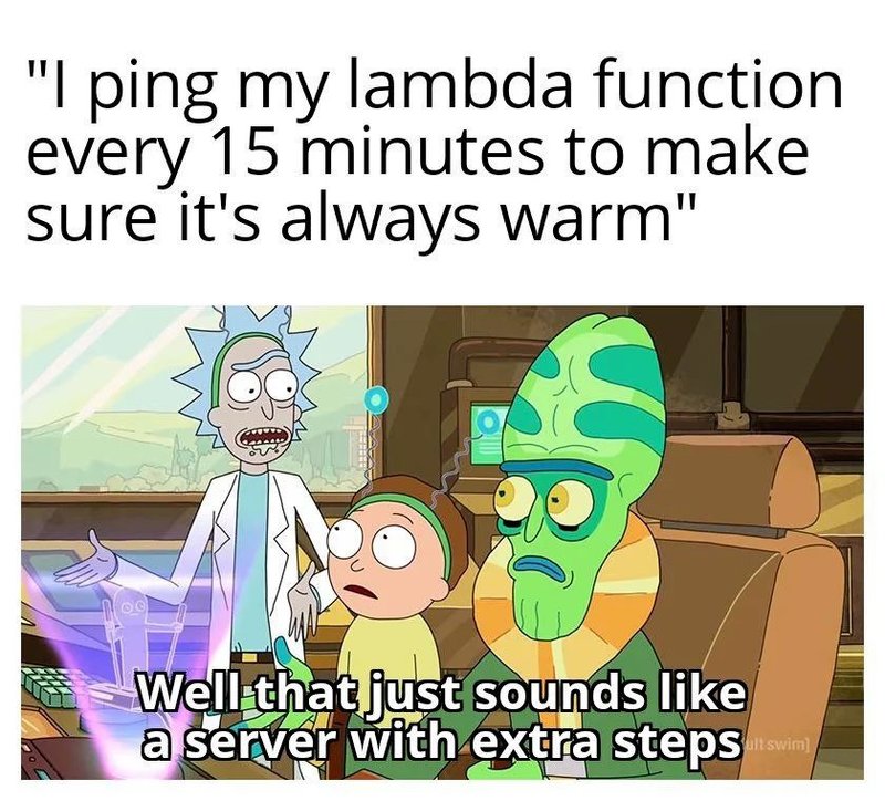 an image from the show "Rick & Morty" with the text: "I pinged my lambda function every 15 minutes to make sure it's always warm. Well that just sounds like a server with extra steps"