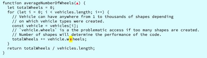 Source code of sample application annotated with Deoptigate, showing where the slow property access is.