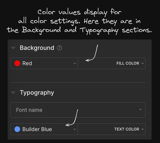 This screenshot shows the background and typography sections because they both have a color option. Any color values that are set in code show up here. There's also a note that says color values display for all color settings. Here they are in the background and typography sections.