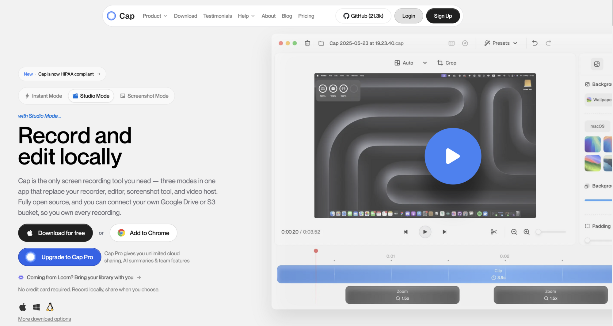 Cap landing page showing the screen recording interface with a video preview centered, a blue play button, editing timeline tools at the bottom, and sidebar options for backgrounds and padding.