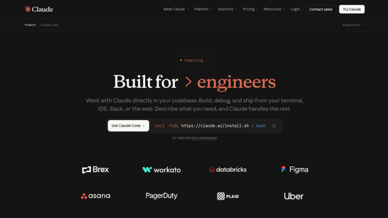 Claude Code homepage showing the text "Built for engineers" with a command line installation prompt and a list of partner company logos.