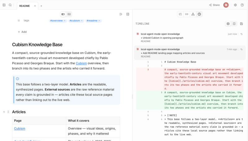OpenKnowledge editor with an agent revision timeline and diff