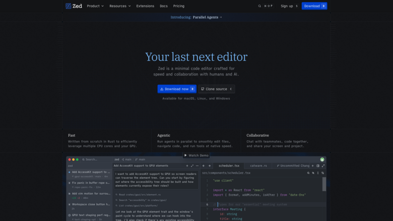 Zed code editor interface showing a project file tree, chat interface with an agent discussion about accessibility support, and a code editor window with TypeScript code.