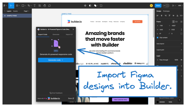 Image of Figma with the Builder Figma Plugin UI. A caption reads, "Import Figma designs into Builder."