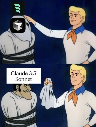 A Scooby-Doo meme where Fred unmasks Windsurf and Cursor to reveal Claude 3.5 Sonnet.