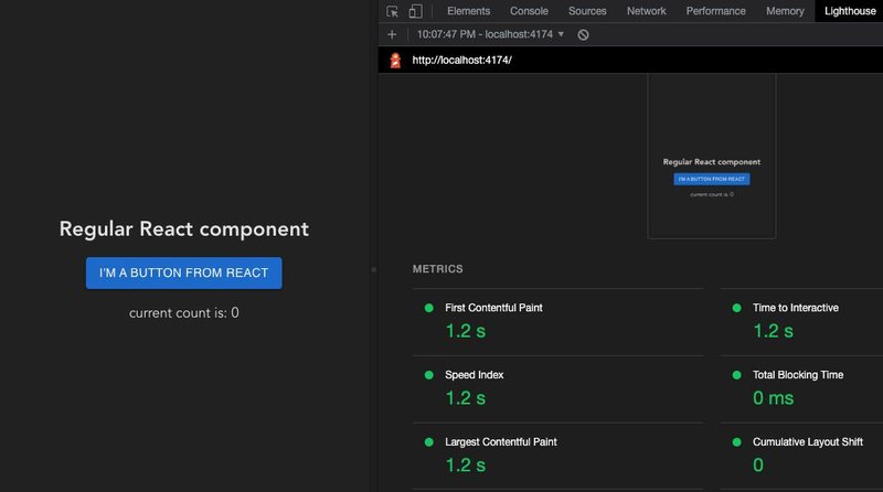 screenshot showing a lighthouse score of 1.2s for React app.