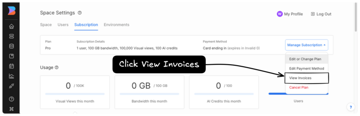 Screenshot of Space Account Settings with the View Invoices option encircled with an arrow and text saying "Click View Invoices".