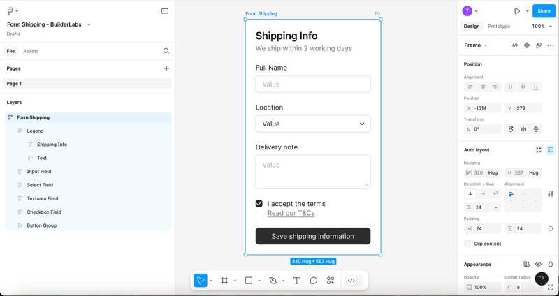 a shipping form, in figma, ready to be imported into builder