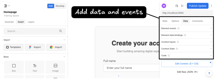 Image of the Data tab that highlights all panels within the Data tab, with a label that says "Add data and events."