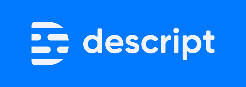 Descript logo consisting of a white stylized letter D composed of horizontal bars against a bright blue background, with the word "descript" in white sans-serif text to the right.