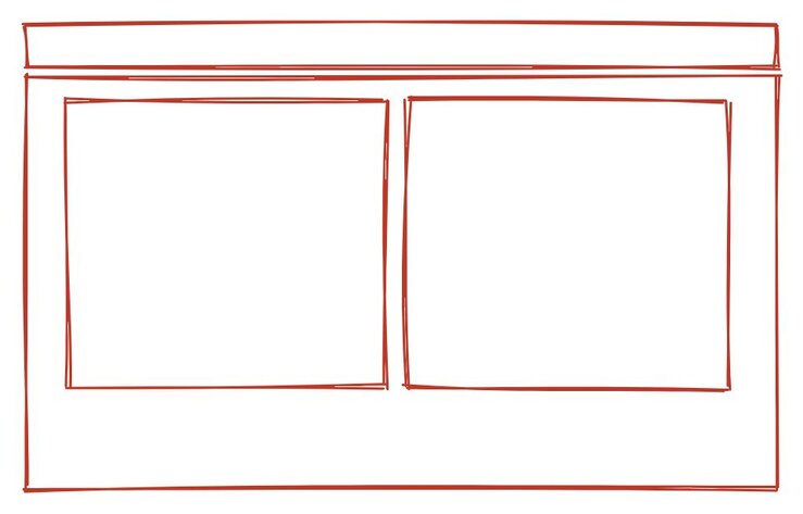 A blank wireframe sketch of a webpage layout with a header box, a main box for the body with two boxes side beside each other.