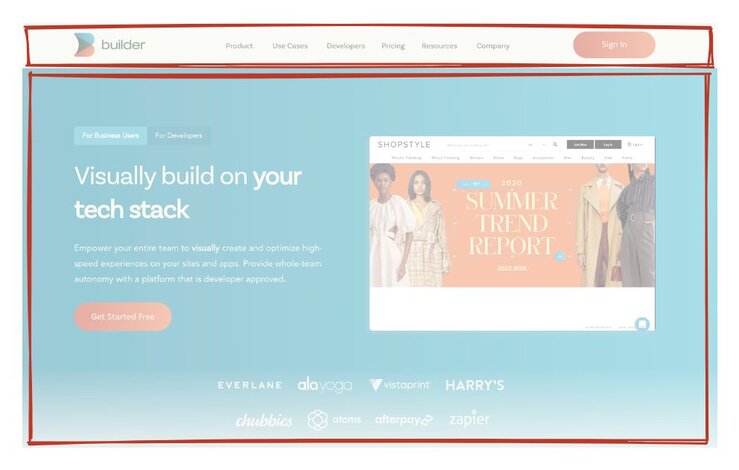 Image of Builder.io home page with boxes drawn around only the largest sections of the page. 