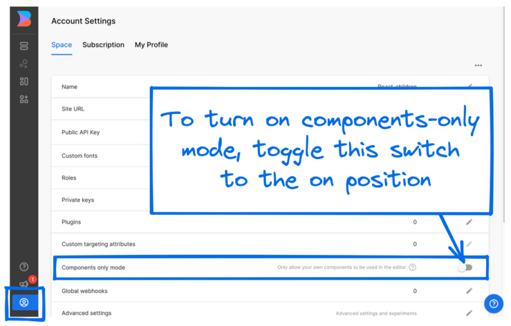 Image of Account Settings with an arrow pointing to components-only mode toggle. Toggle this switch to the on position to use components-only mode.