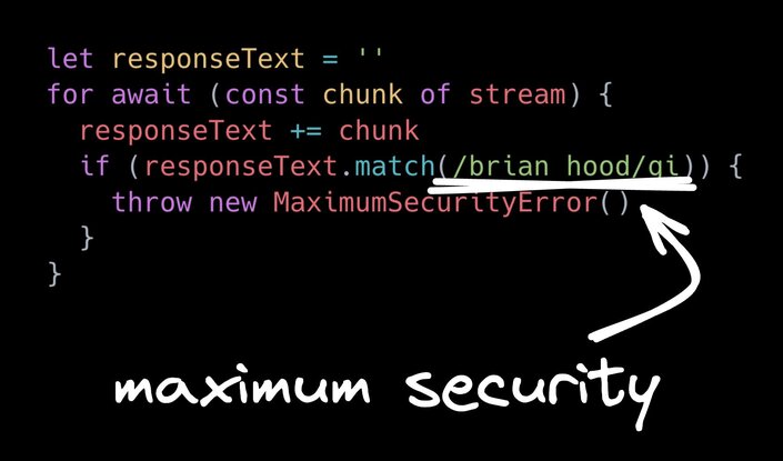 An arrow points to code that uses a regex of Brian Hood's name. The arrow is labeled "maximum security"