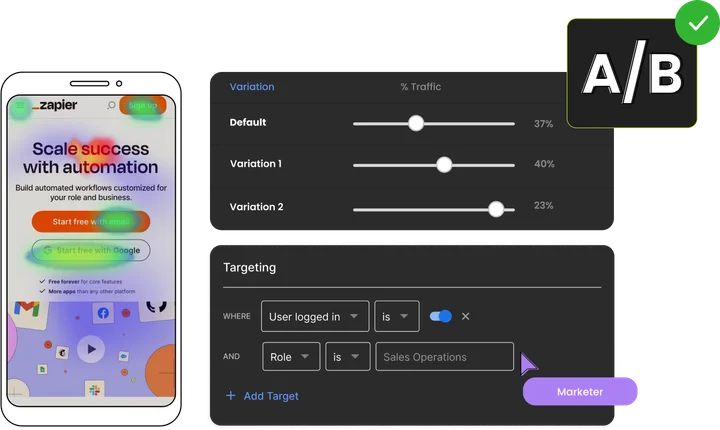 Zapier homepage heatmap on mobile next to A/B test traffic split and targeting settings in Builder.io