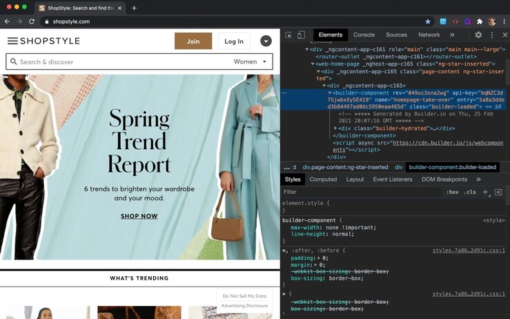 The builder component in the inspector on the Elements tab.
