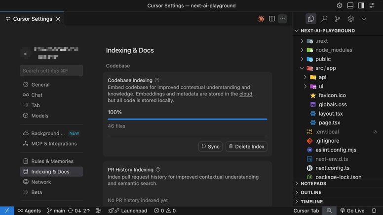 Cursor settings panel showing 100% codebase indexing completion for 46 files.