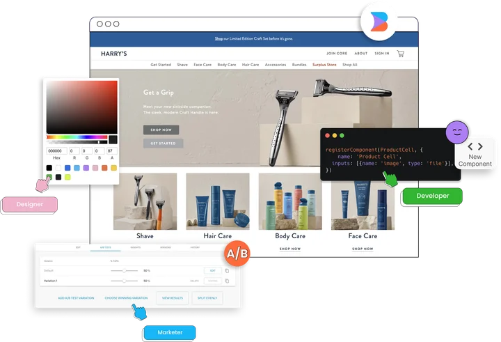 Designers, developers, and marketers collaborating on a Harry's landing page in the Builder.io visual editor