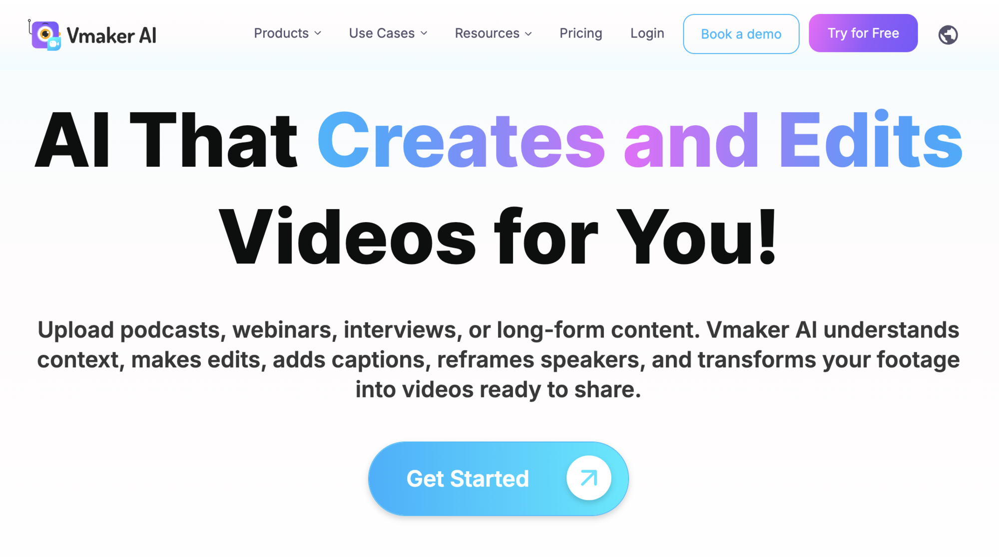 Vmaker AI brand logo consisting of a purple square app icon featuring a stylized orange camera lens and a small antenna, overlapping a blue video camera icon, positioned next to the company name in a bold, sans-serif font.