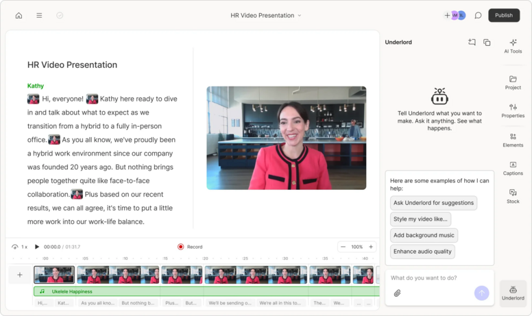 Descript video editing interface with text transcript and timeline