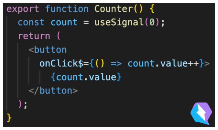 Screenshot of a code example of a counter component in Qwik.