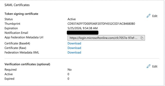 Screenshot of SAML Certificates in Azure. items include the Status, thumbprint, Expiration, Notification Email, App Federation Metadata URL. After these are three links for downloading the Certificates. After the download links is a section entitled "Verification certificates (optional)" where Required is set to No and Active and Expired are both set to zero.