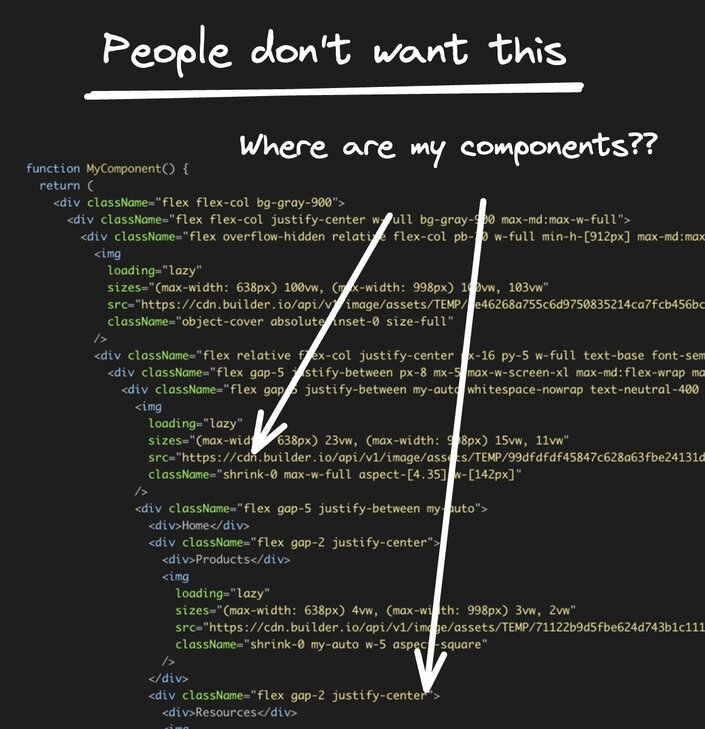 The header reads people don't want this then there is a question where are my components? There's a lot of code, and it's hard to understand with arrows that seem to be pointing out the components that are hard to decipher among all the code.