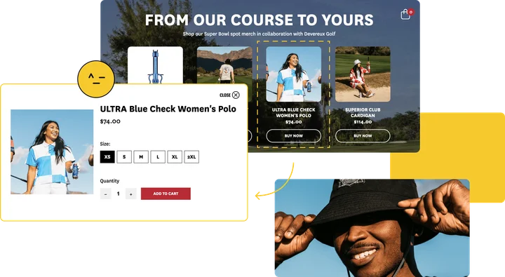 Super Bowl merchandise shop page with a product quick-view for a women's polo
